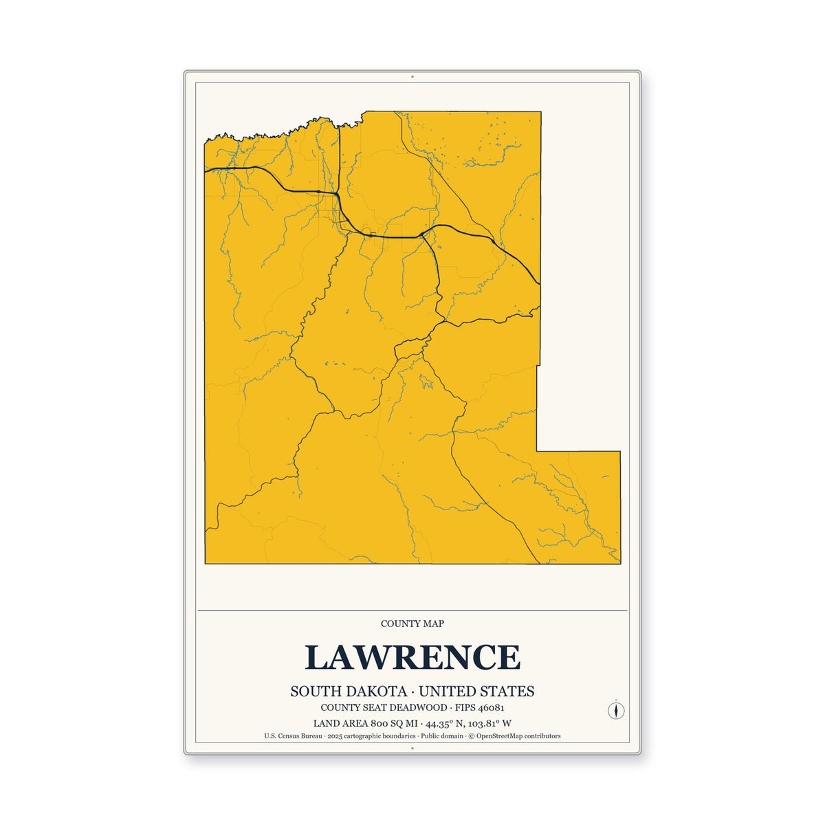Lawrence County, South Dakota Map Aluminum Sign in Citrine Modern style