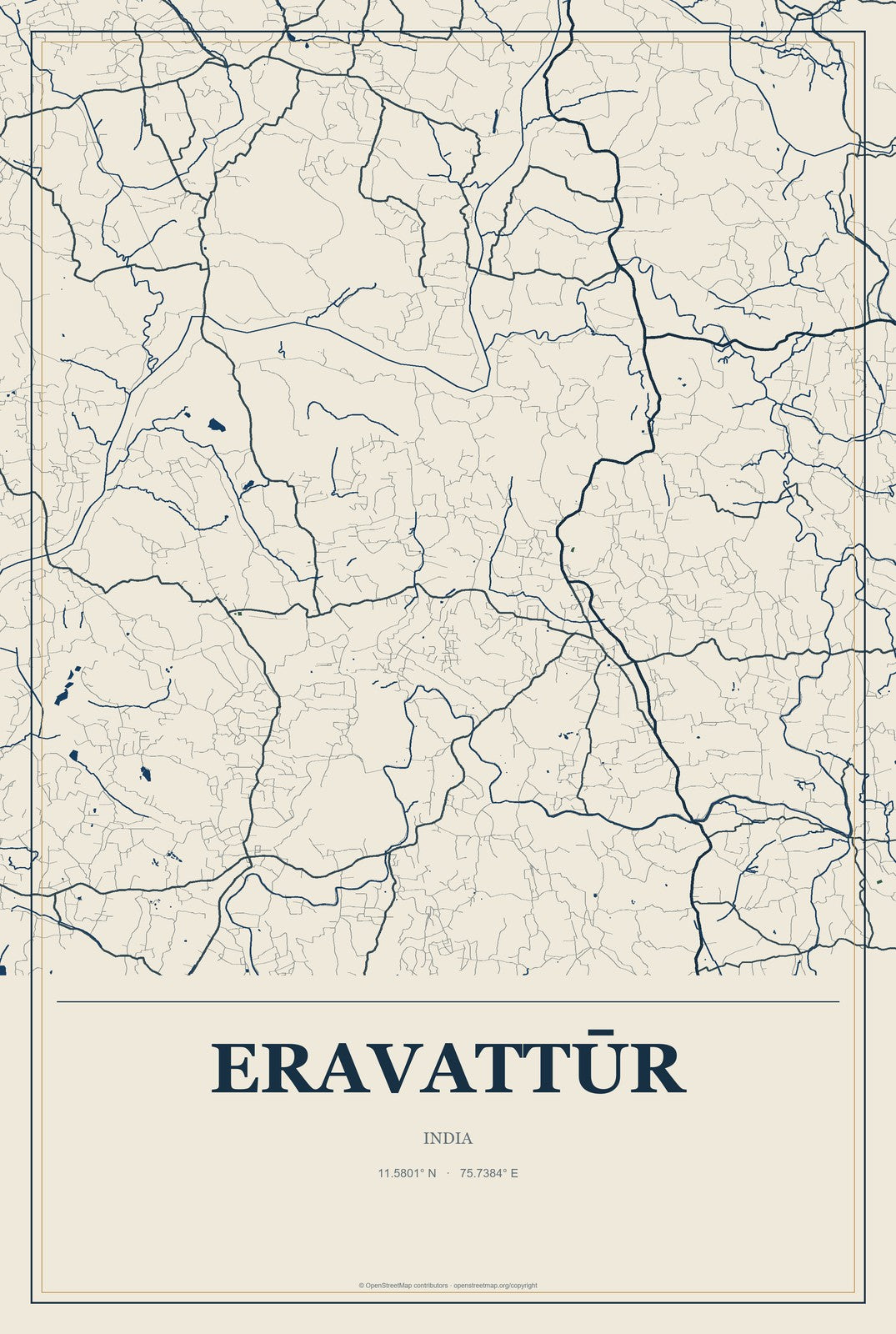 Eravattūr, India City Map Aluminum Sign in Coastal Cutout style