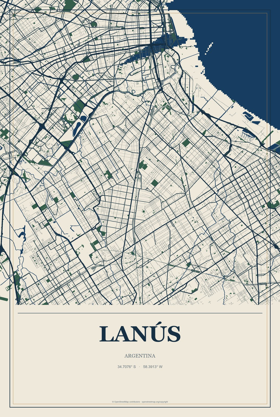 Lanús, Argentina City Map Aluminum Sign in Coastal Cutout style