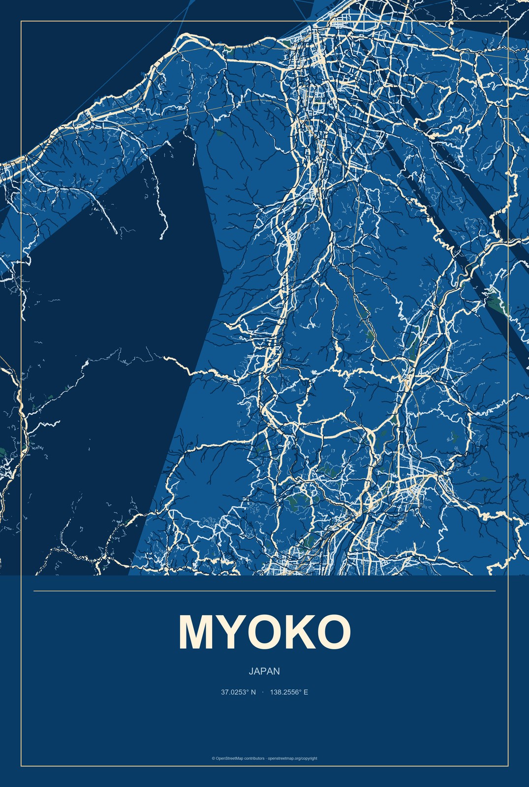 Myoko, Japan City Map Aluminum Sign in Harbor Cobalt style