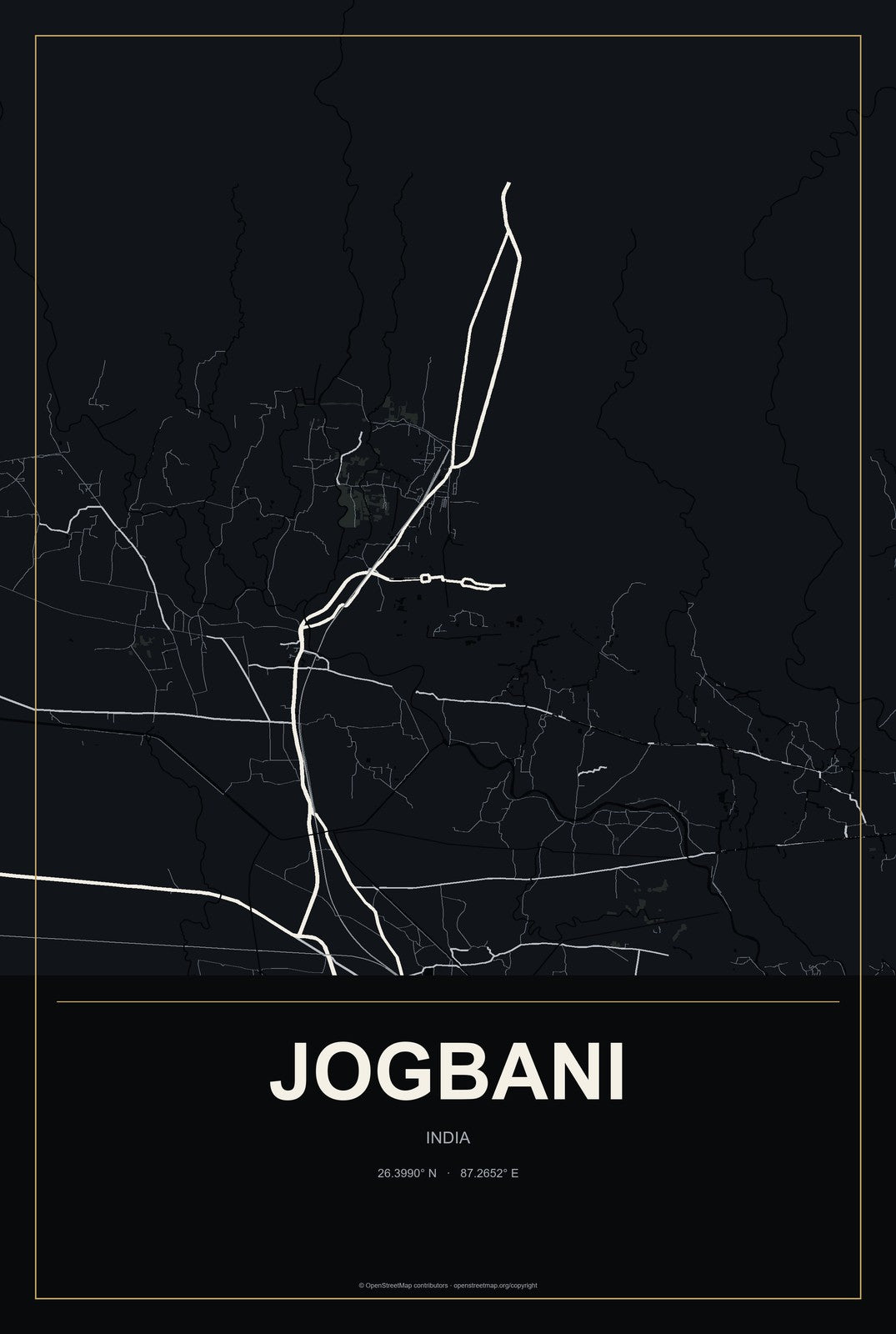 Jogbani, India City Map Aluminum Sign in Metropolitan Noir style