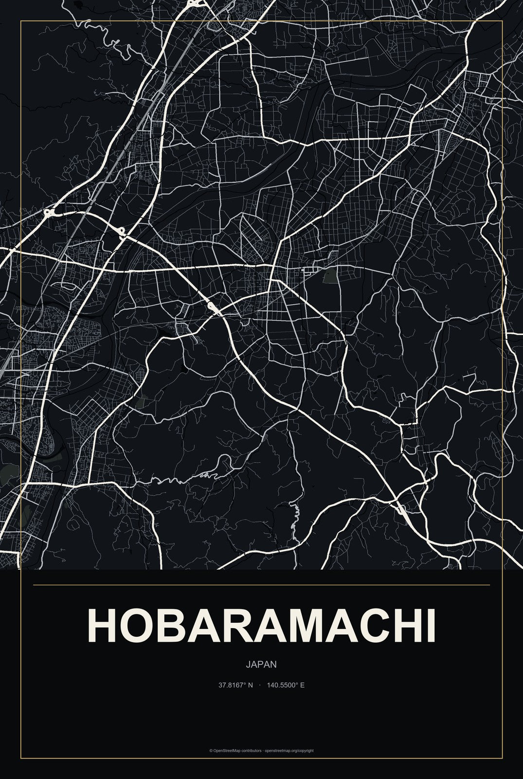 Hobaramachi, Japan City Map Aluminum Sign in Metropolitan Noir style