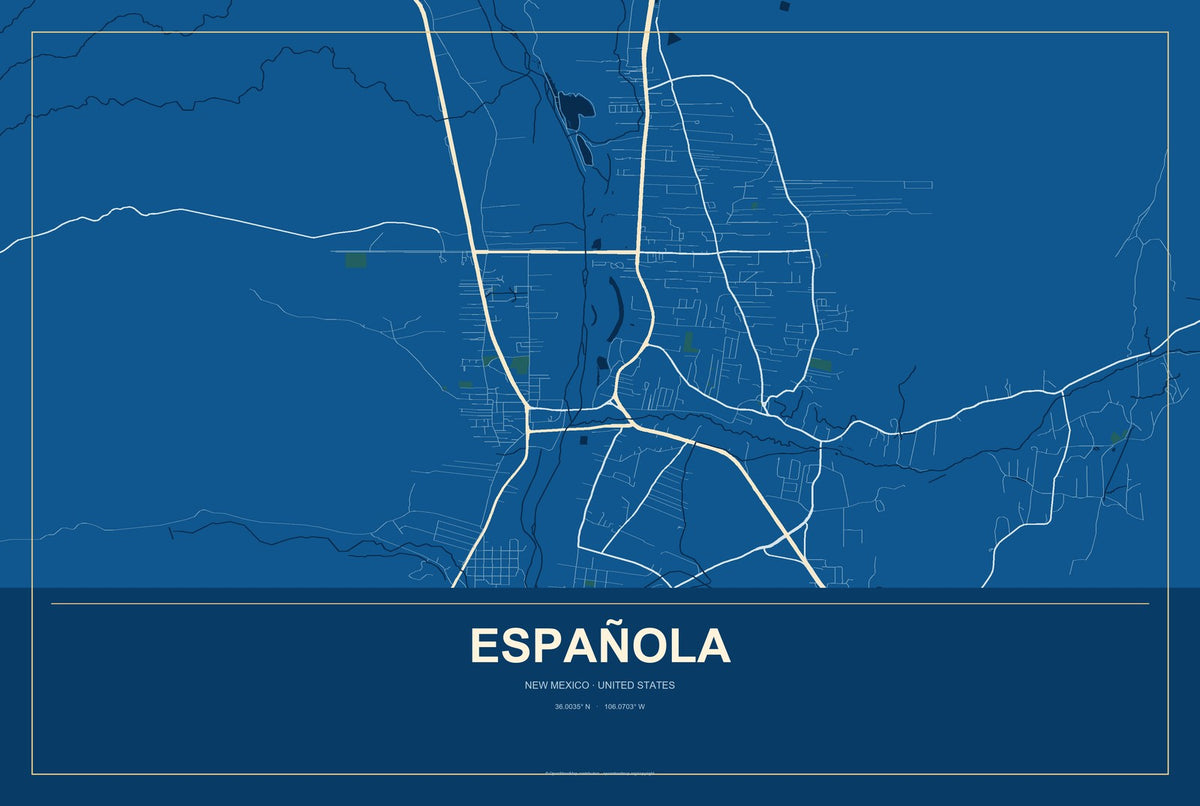 Española, New Mexico City Map Aluminum Sign in Harbor Cobalt style