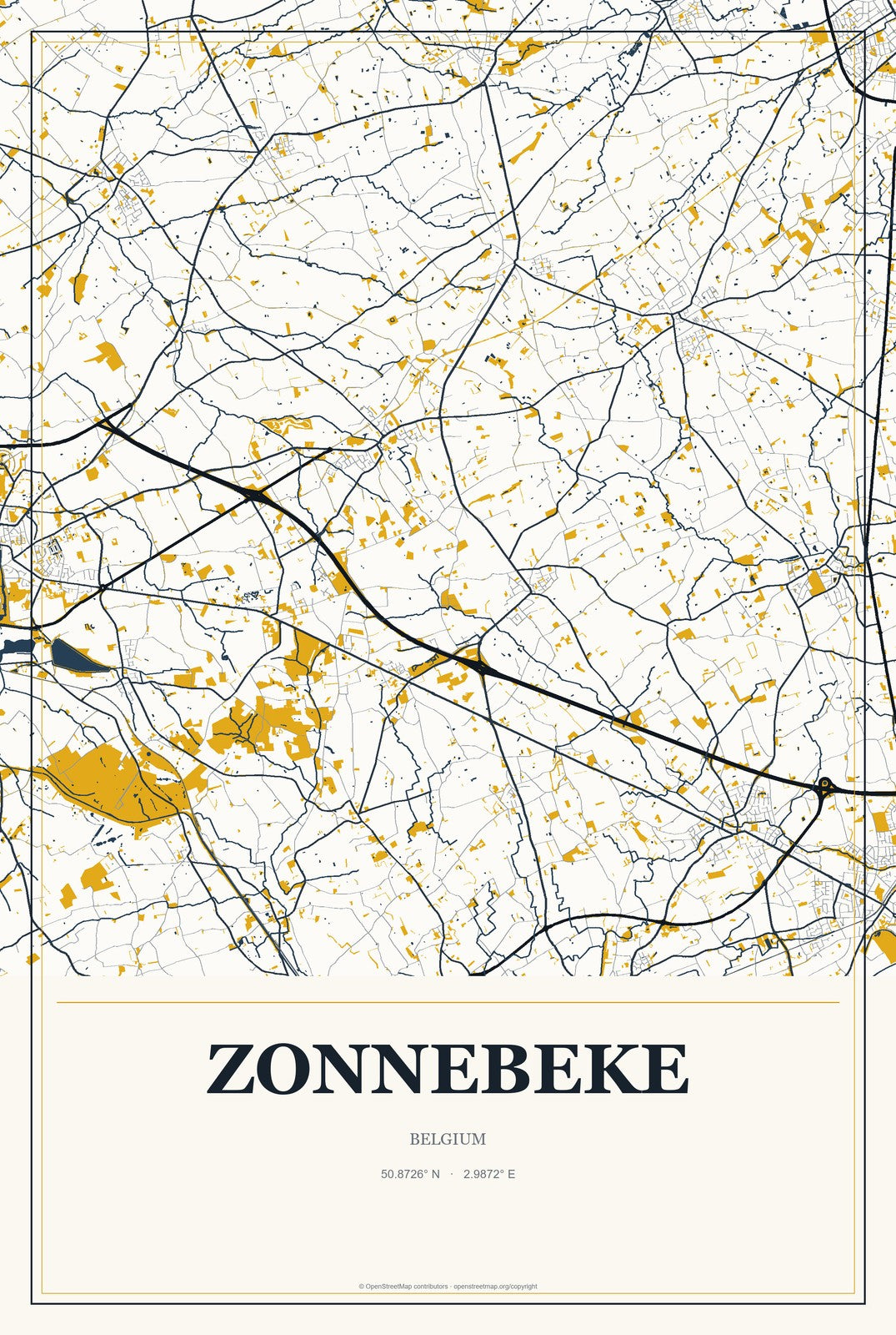 Zonnebeke, Belgium City Map Aluminum Sign in Citrine Modern style