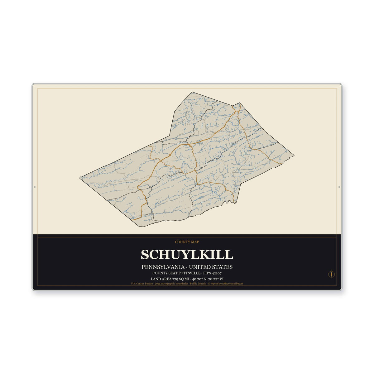 Schuylkill County, Pennsylvania Map Aluminum Sign in Museum Plaque style