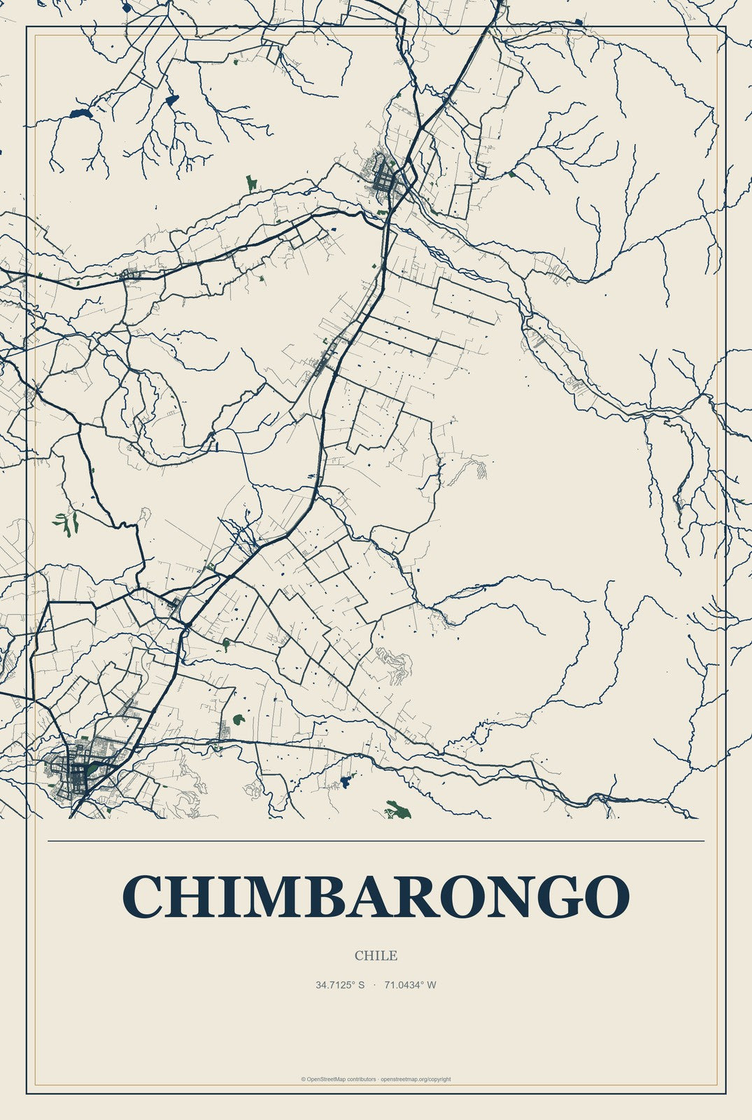 Chimbarongo, Chile City Map Aluminum Sign in Coastal Cutout style