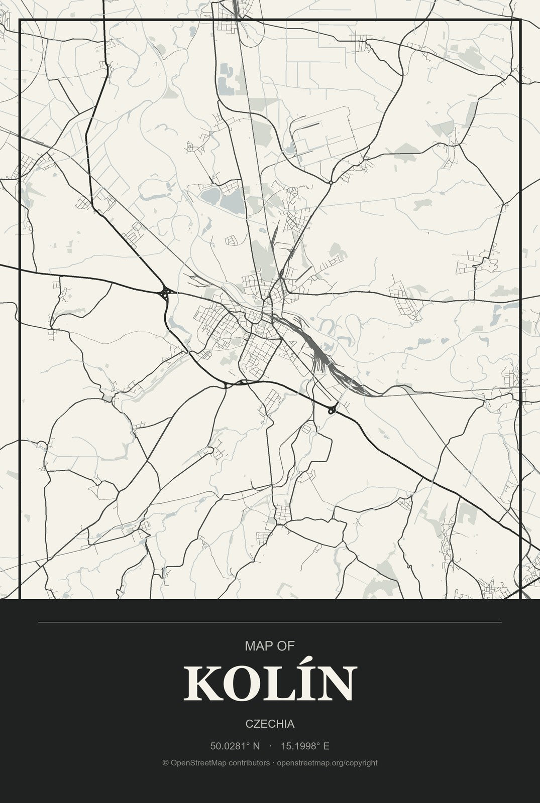 Kolín, Czechia City Map Aluminum Sign in Museum Plaque style