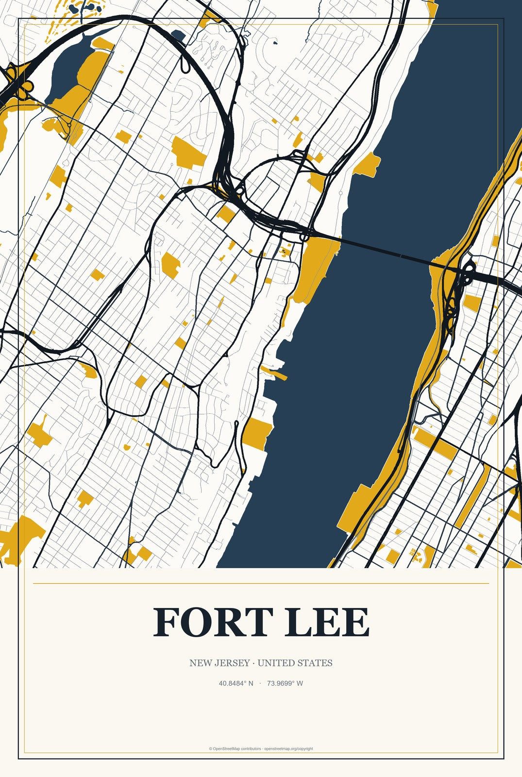 Fort Lee, New Jersey City Map Aluminum Sign in Citrine Modern style