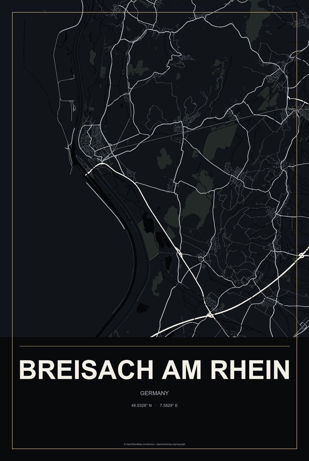 Breisach am Rhein, Germany City Map Aluminum Sign in Metropolitan Noir style