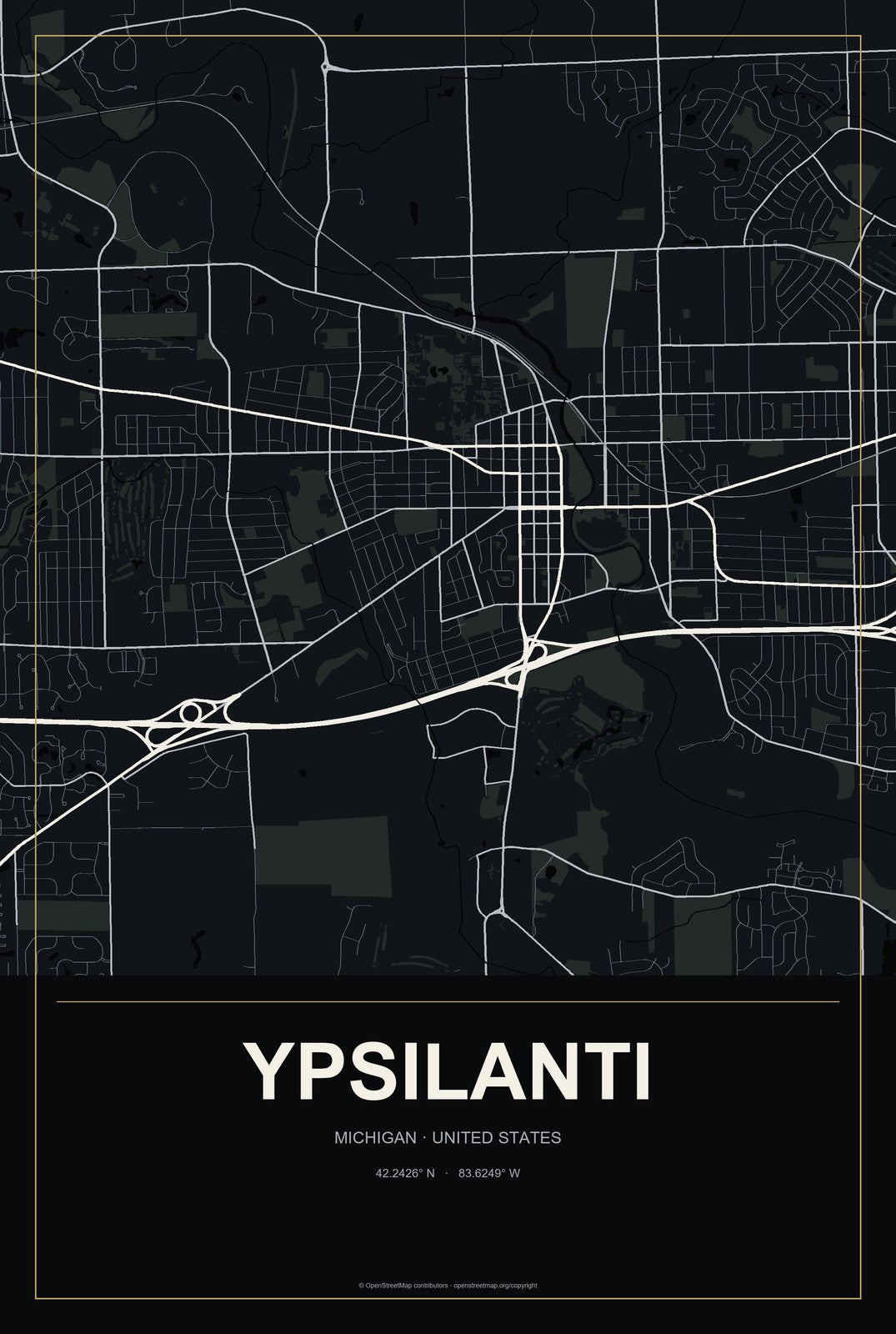 Ypsilanti, Michigan City Map Aluminum Sign in Metropolitan Noir style