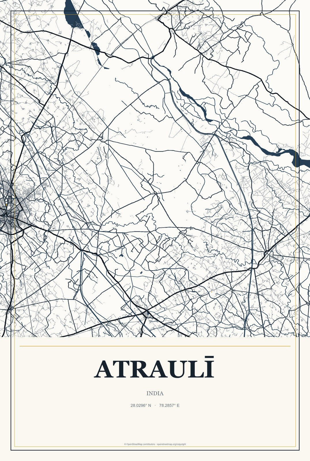 Atraulī, India City Map Aluminum Sign in Citrine Modern style