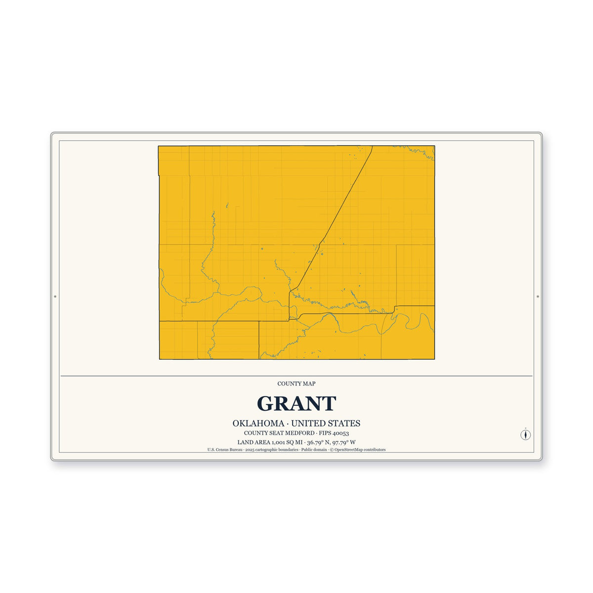 Grant County, Oklahoma Map Aluminum Sign in Citrine Modern style