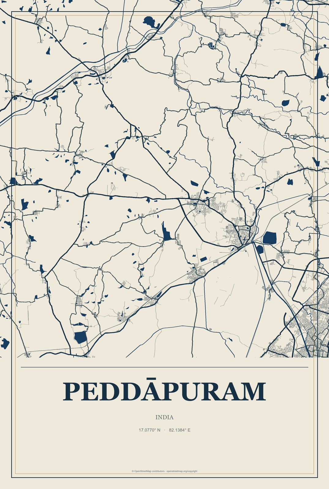 Peddāpuram, India City Map Aluminum Sign in Coastal Cutout style