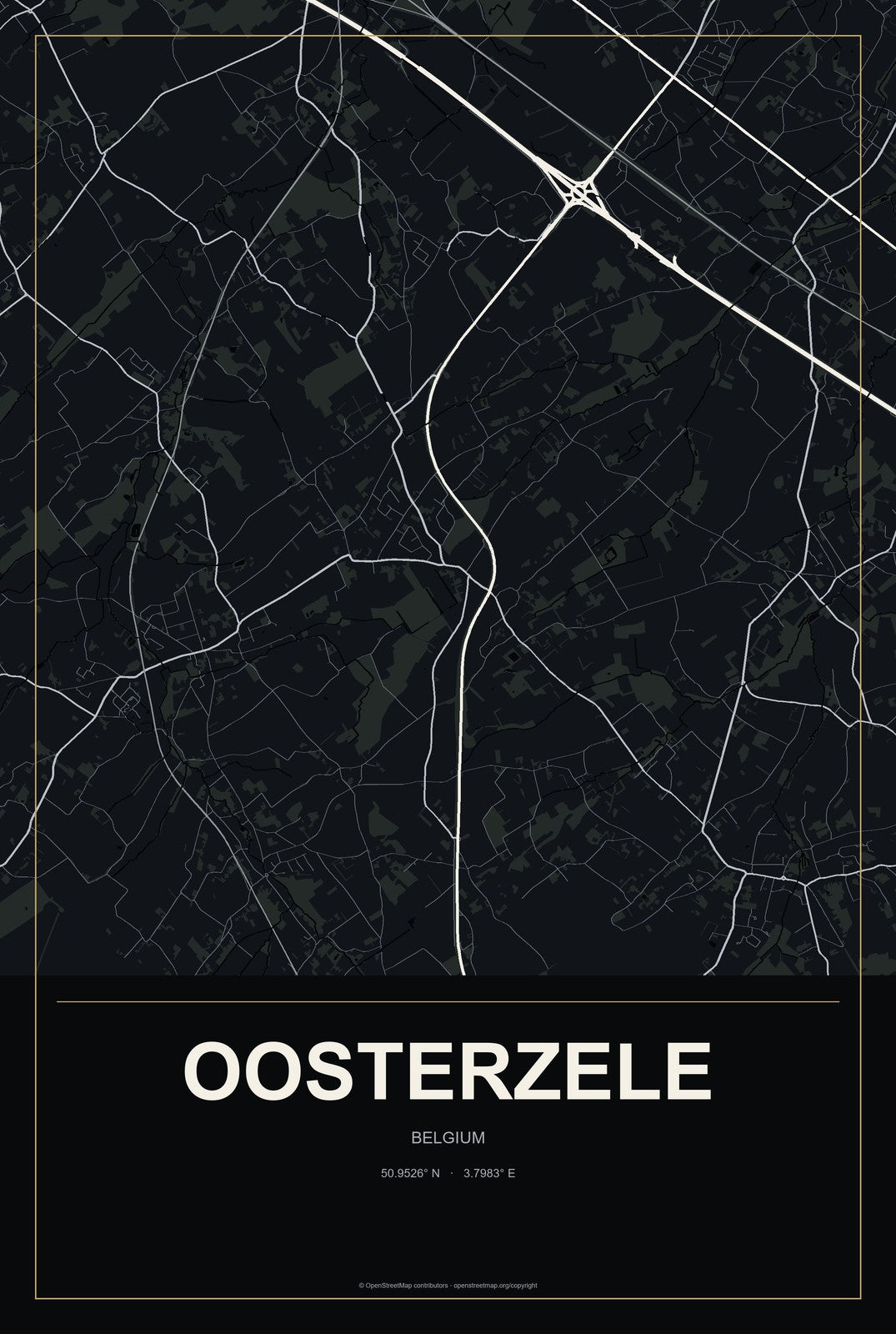 Oosterzele, Belgium City Map Aluminum Sign in Metropolitan Noir style