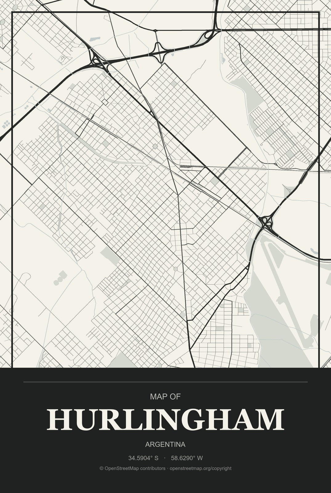 Hurlingham, Argentina City Map Aluminum Sign in Museum Plaque style