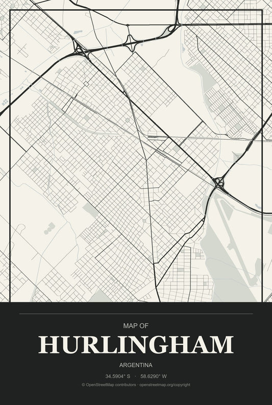 Hurlingham, Argentina City Map Aluminum Sign in Museum Plaque style