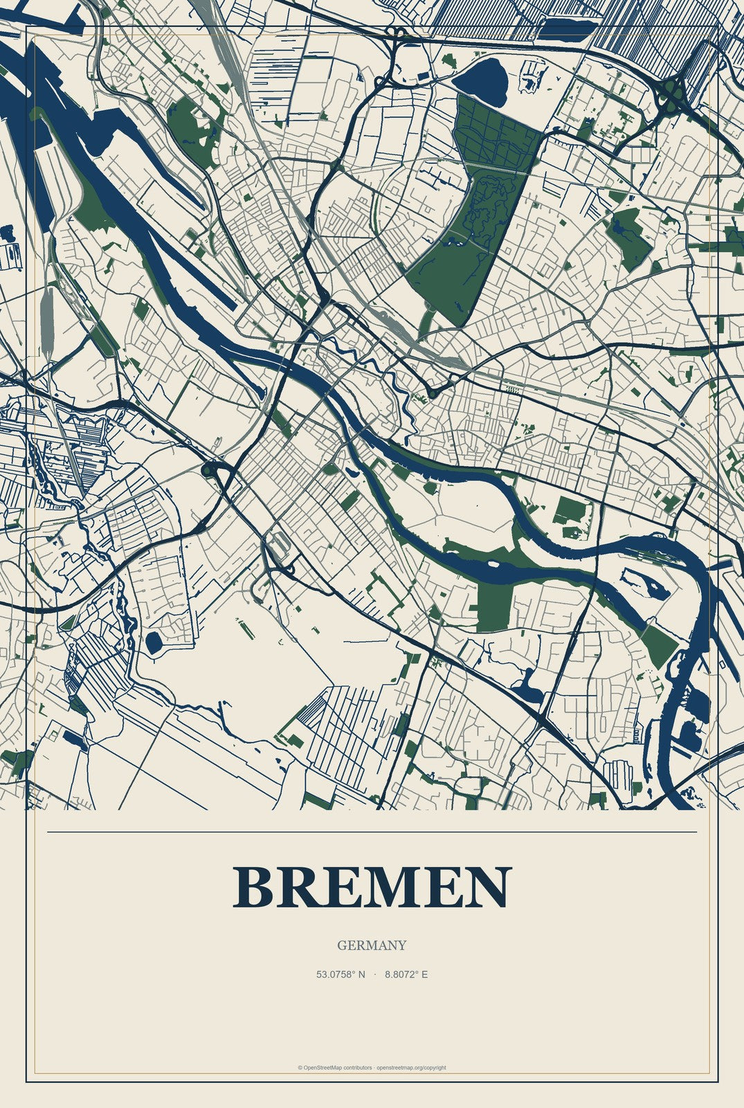 Bremen, Germany City Map Aluminum Sign in Coastal Cutout style