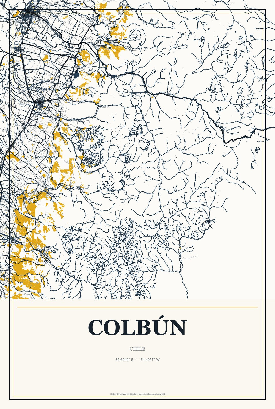 Colbún, Chile City Map Aluminum Sign in Citrine Modern style
