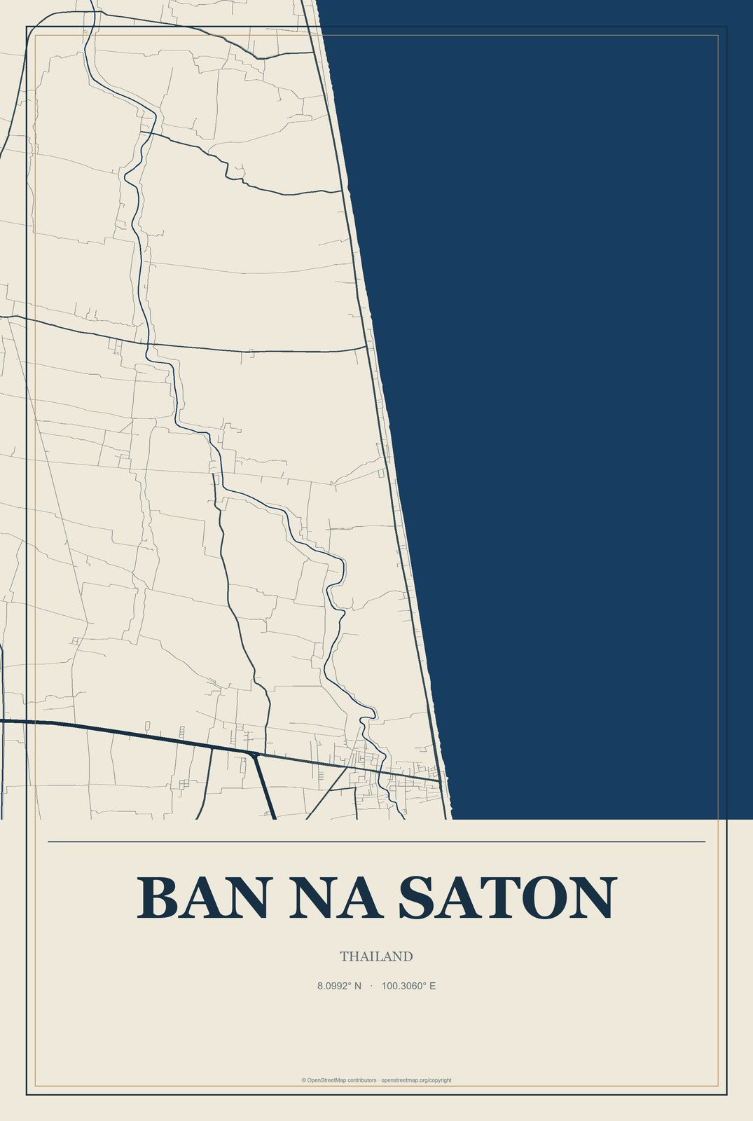 Ban Na Saton, Thailand City Map Aluminum Sign in Coastal Cutout style