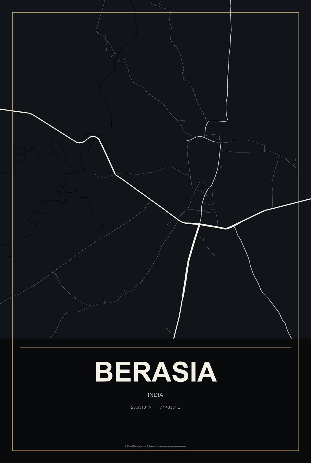 Berasia, India City Map Aluminum Sign in Metropolitan Noir style