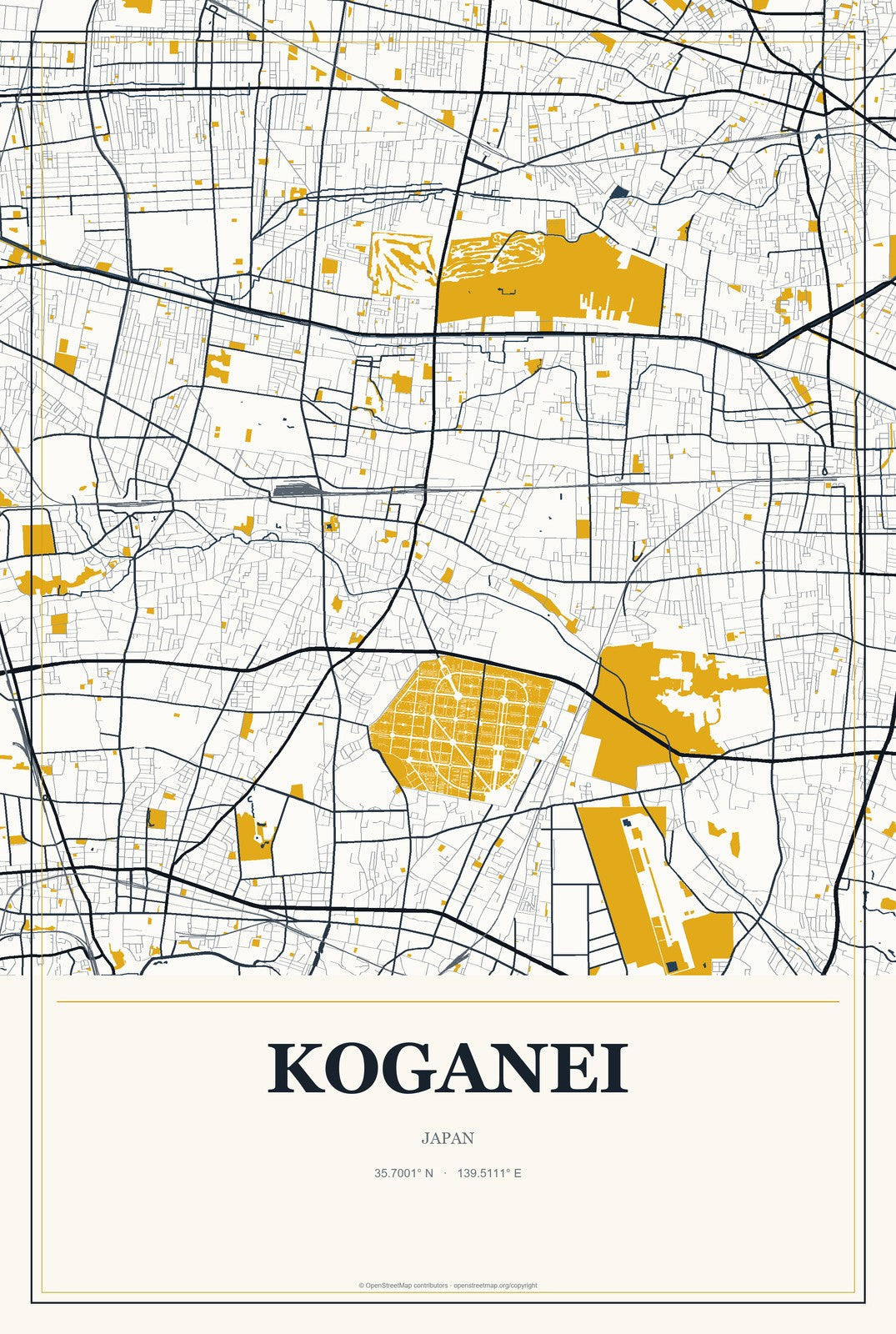 Koganei, Japan City Map Aluminum Sign in Citrine Modern style