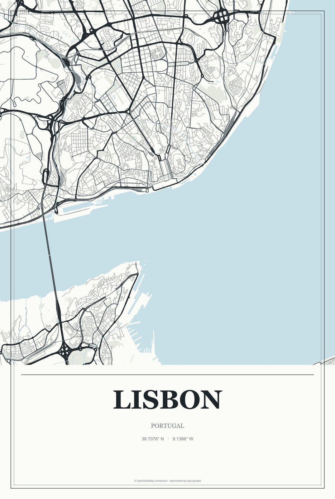 Lisbon, Portugal City Map Aluminum Sign in Gallery Air style