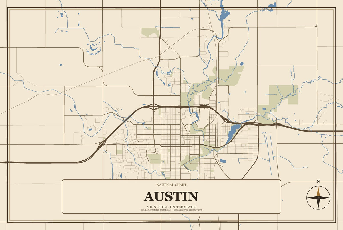 Austin, Minnesota City Map Aluminum Sign in Heritage Nautical style
