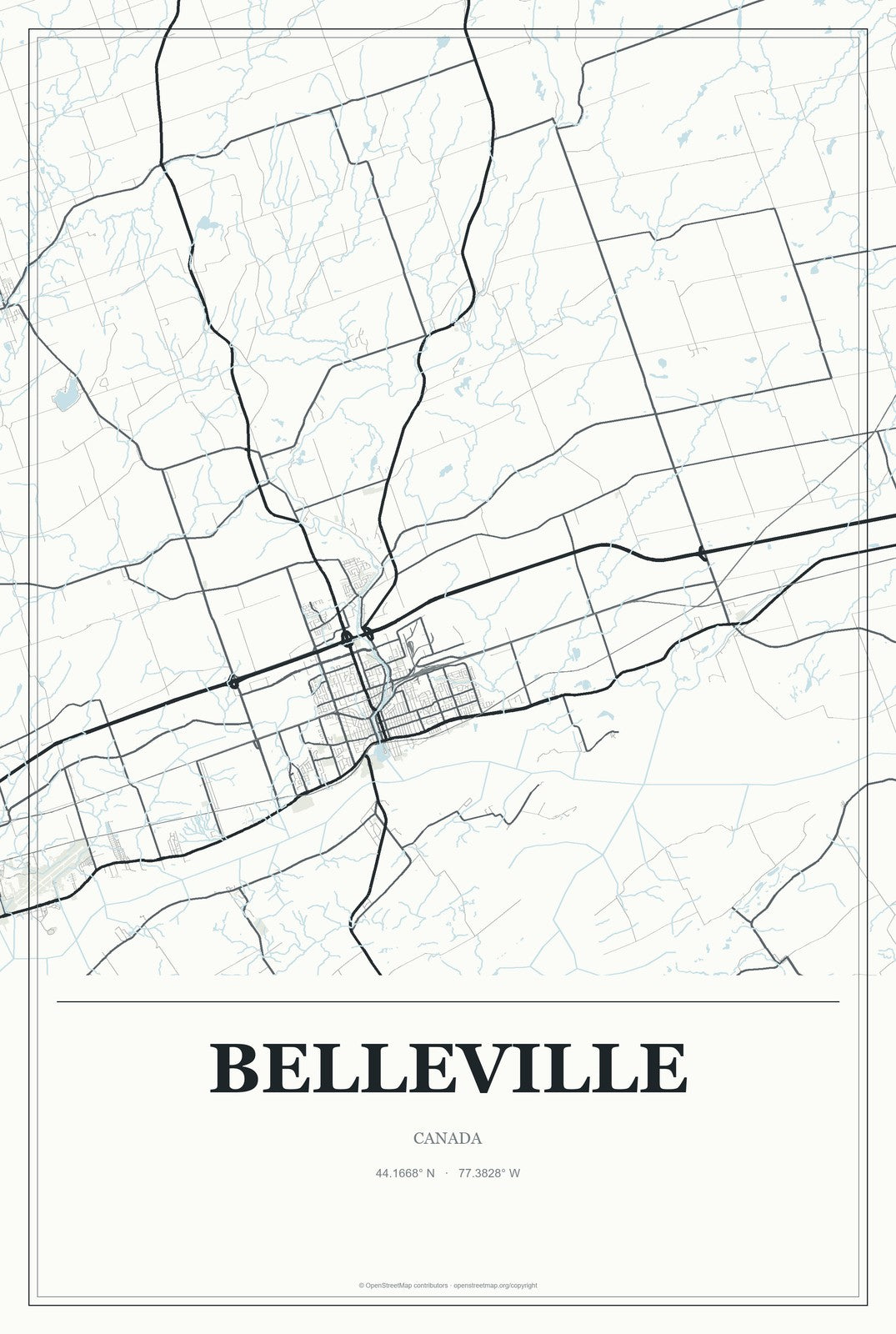 Belleville, Canada City Map Aluminum Sign in Gallery Air style
