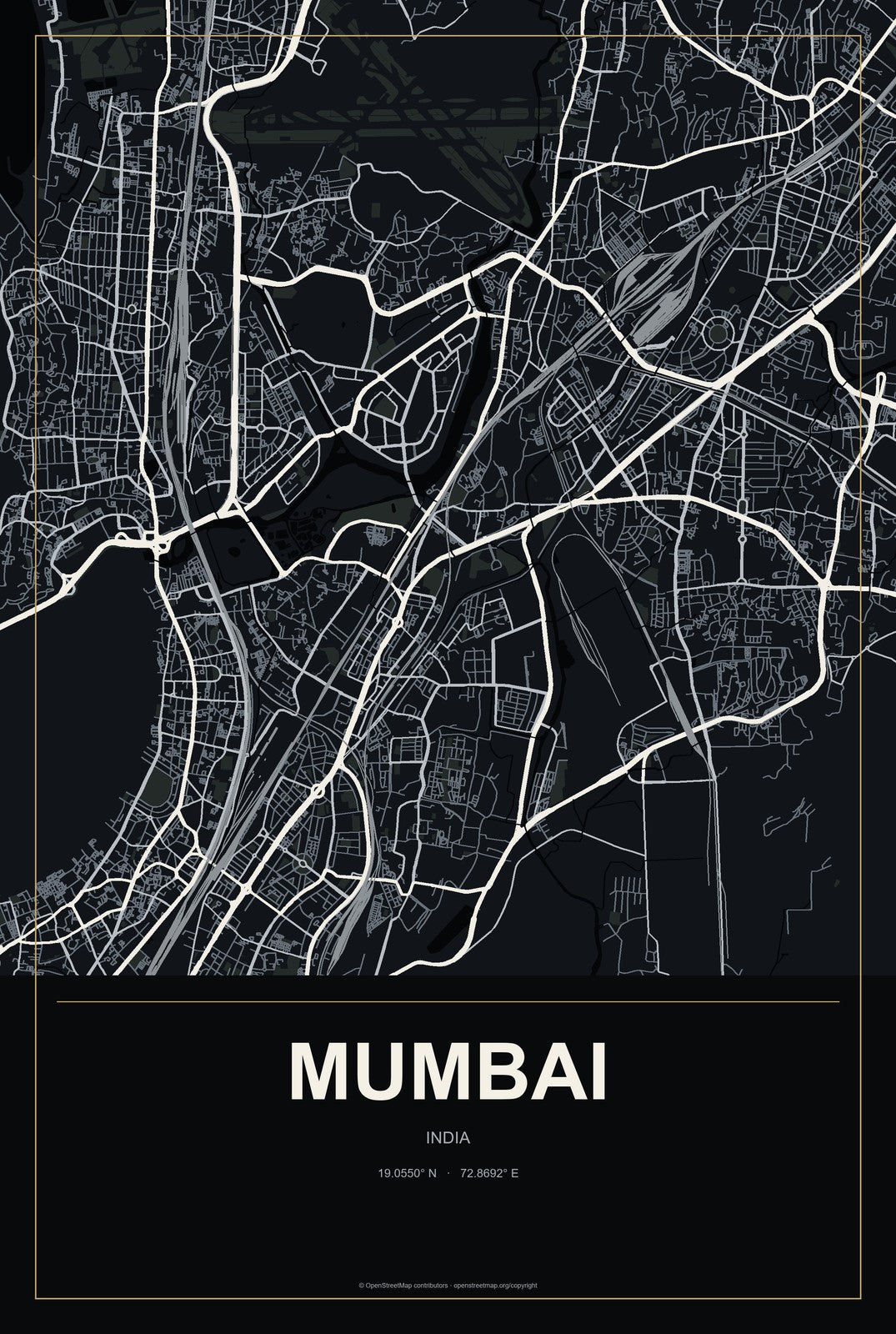 Mumbai, India City Map Aluminum Sign in Metropolitan Noir style