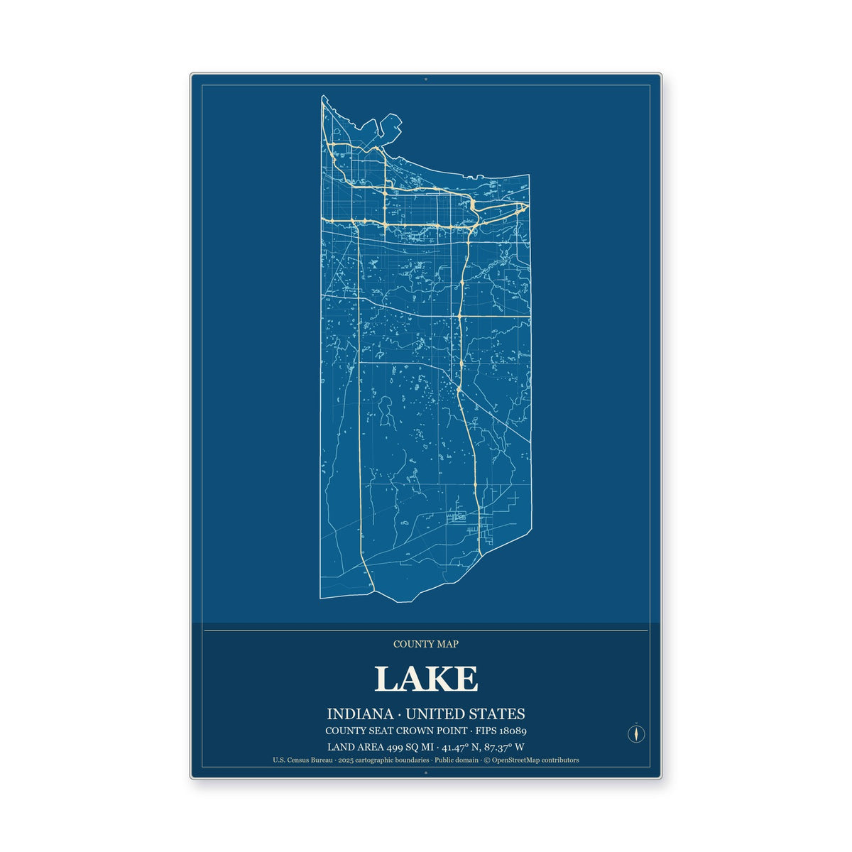 Lake County, Indiana Map Aluminum Sign in Harbor Cobalt style