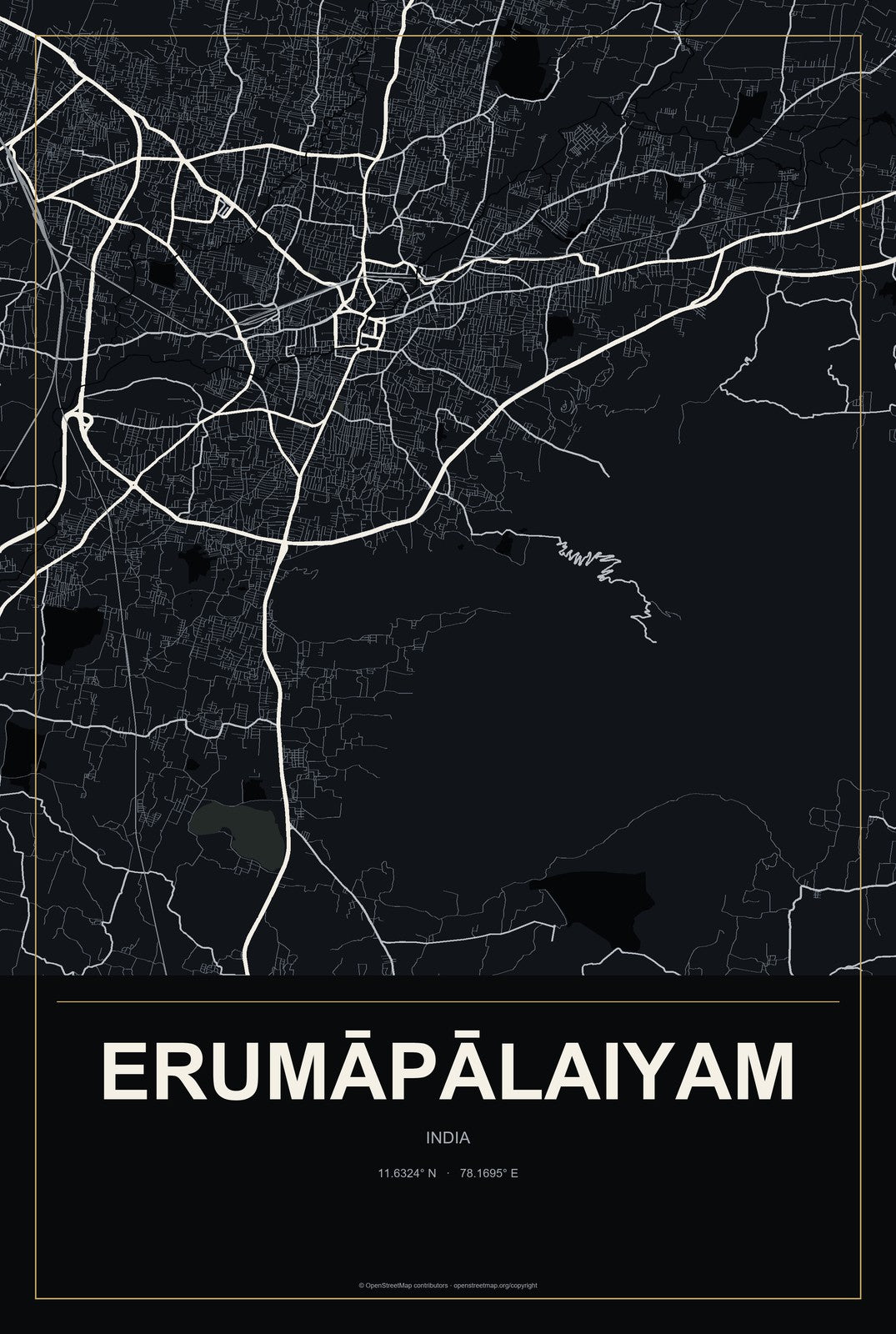 Erumāpālaiyam, India City Map Aluminum Sign in Metropolitan Noir style