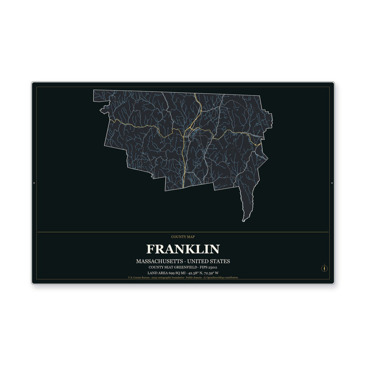 Franklin County, Massachusetts Map Aluminum Sign in Metropolitan Noir style