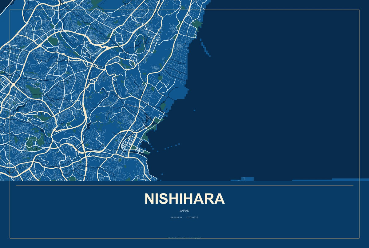 Nishihara, Japan City Map Aluminum Sign in Harbor Cobalt style