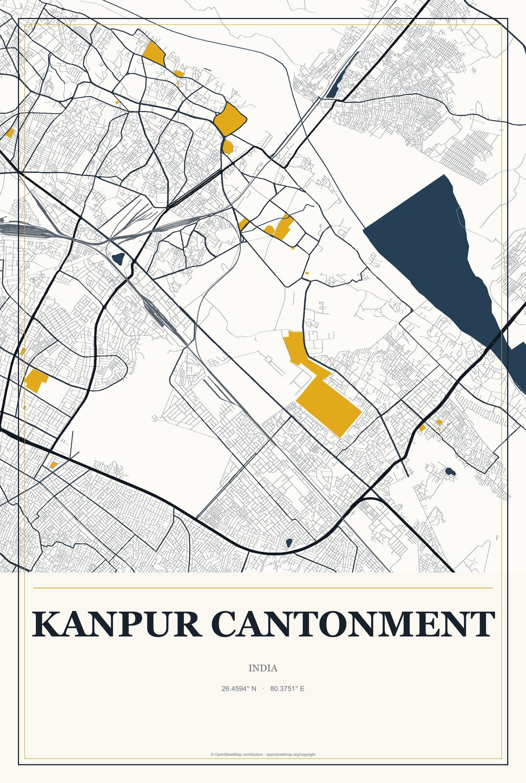 Kanpur Cantonment, India City Map Aluminum Sign in Citrine Modern style