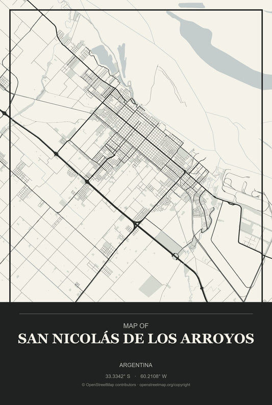 San Nicolás de los Arroyos, Argentina City Map Aluminum Sign in Museum Plaque style
