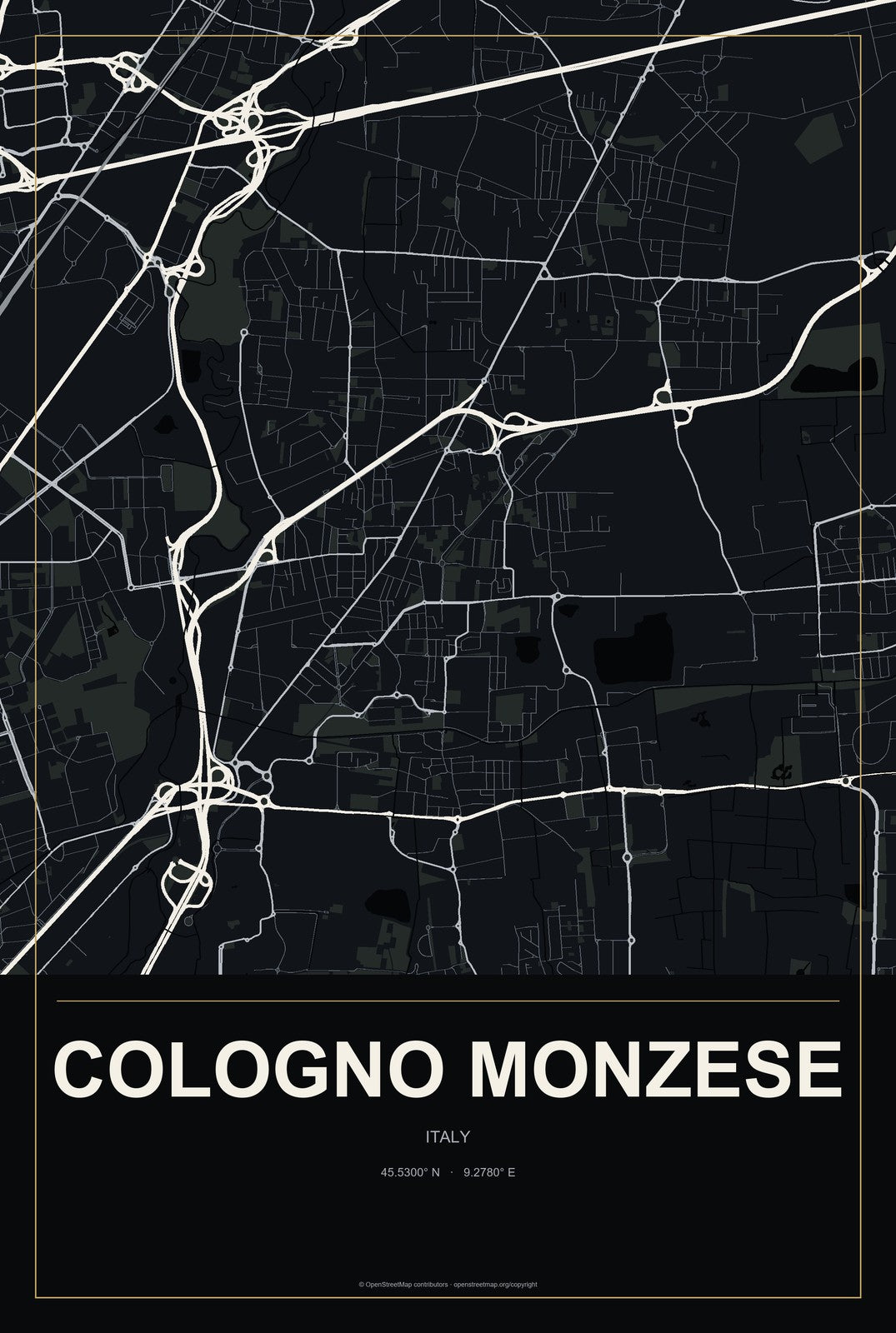 Cologno Monzese, Italy City Map Aluminum Sign in Metropolitan Noir style