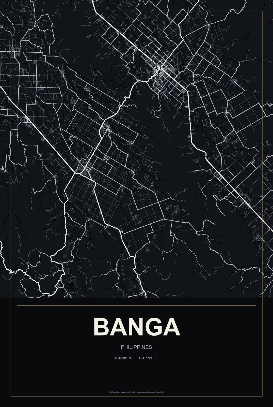 Banga, Philippines City Map Aluminum Sign in Metropolitan Noir style