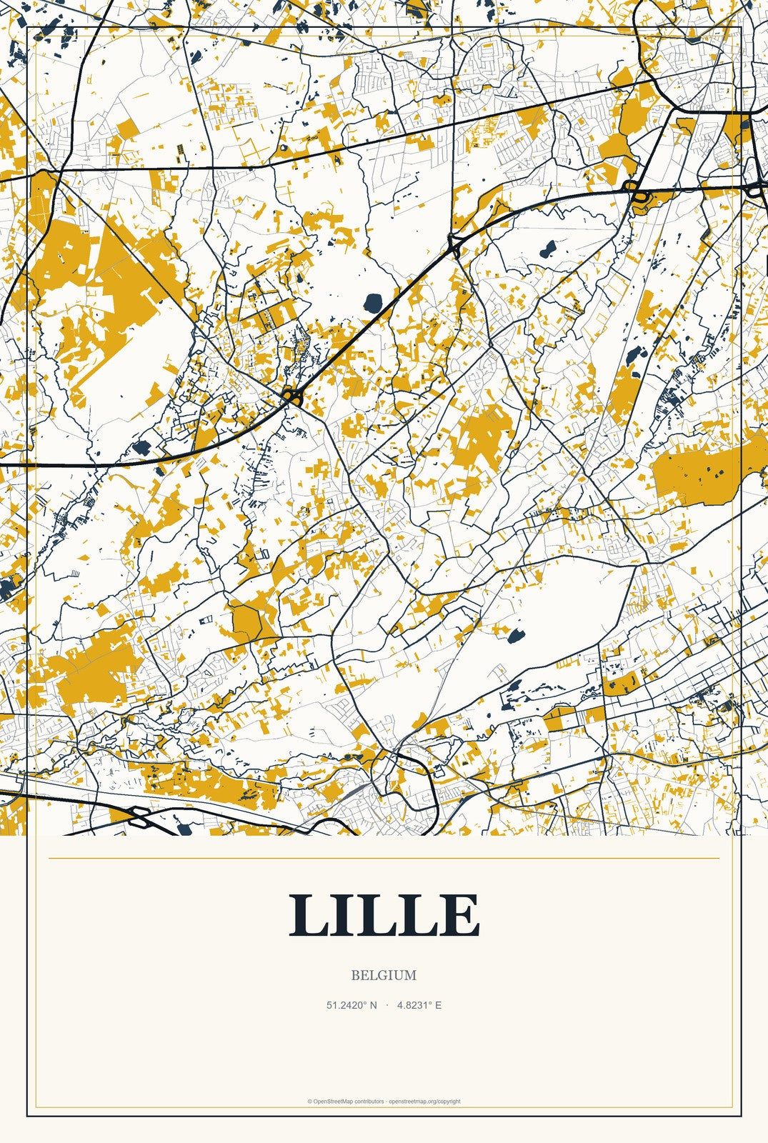 Lille, Belgium City Map Aluminum Sign in Citrine Modern style
