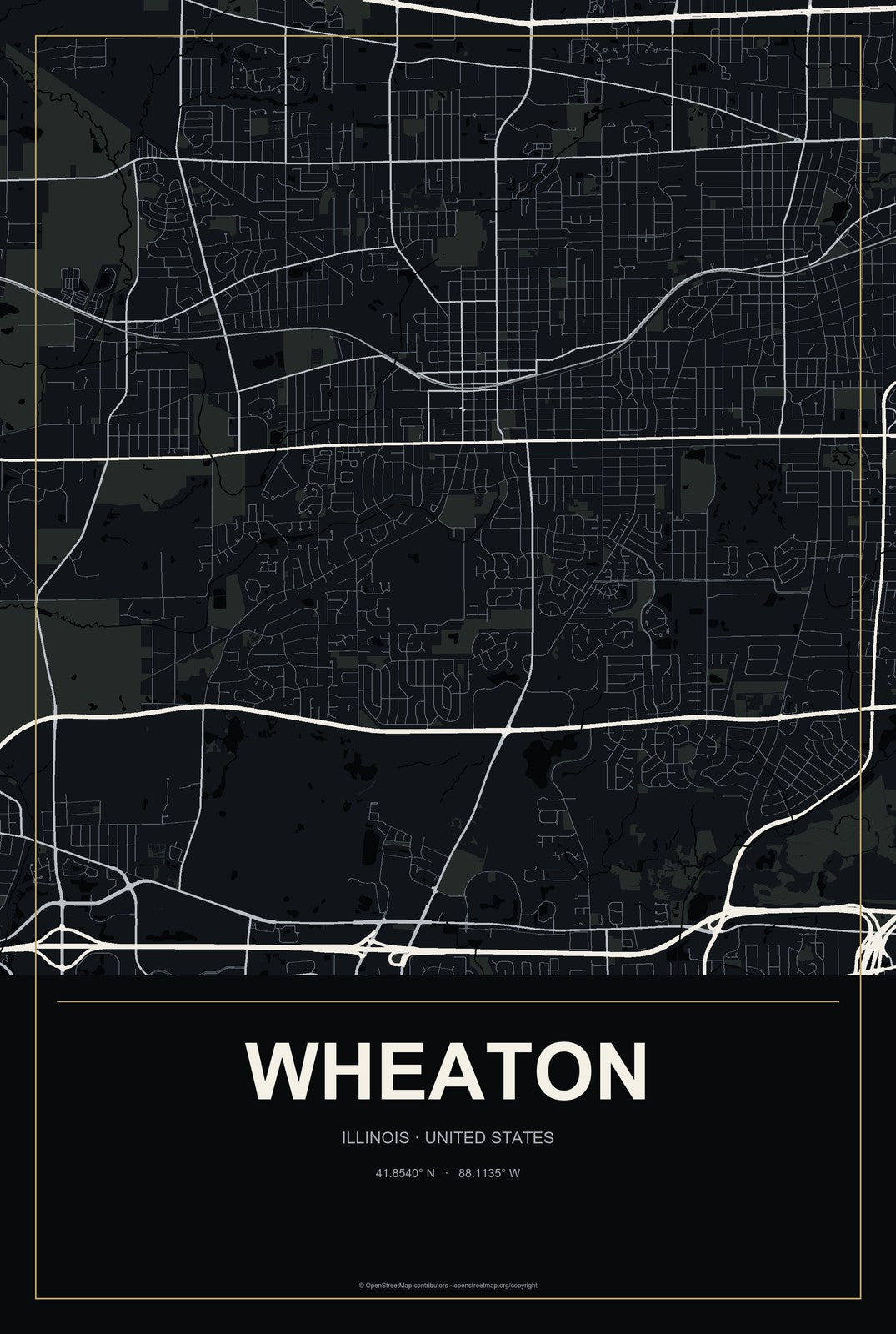 Wheaton, Illinois City Map Aluminum Sign in Metropolitan Noir style