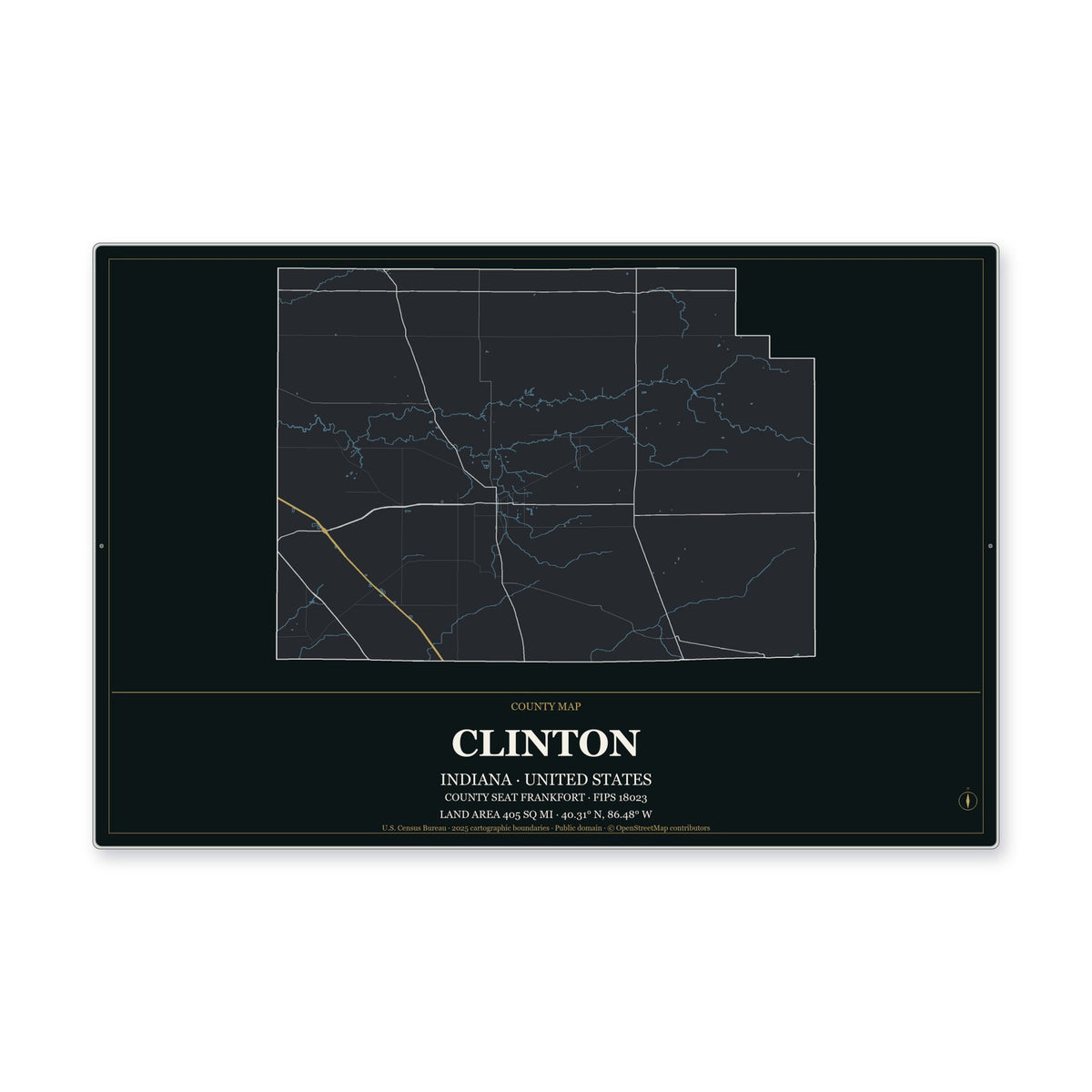 Clinton County, Indiana Map Aluminum Sign in Metropolitan Noir style