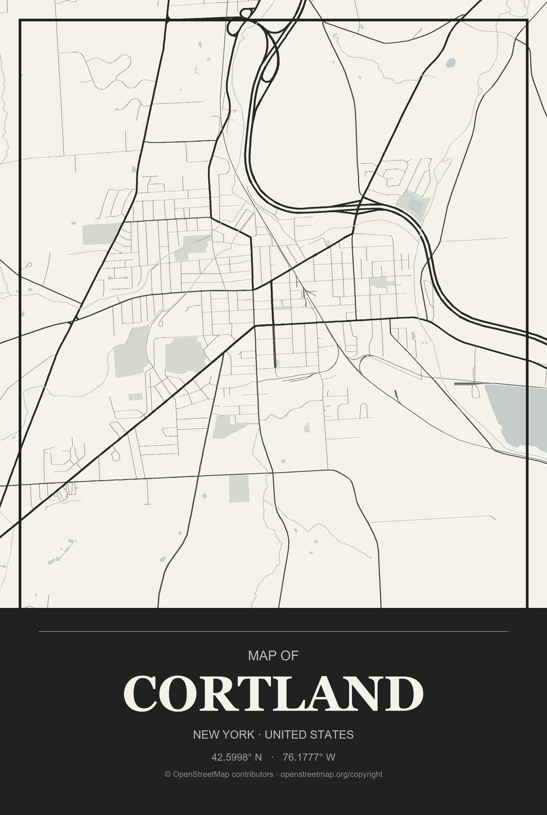 Cortland, New York City Map Aluminum Sign in Museum Plaque style