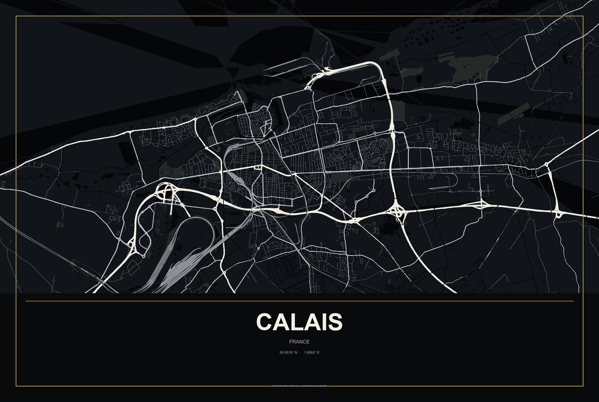 Calais, France City Map Aluminum Sign in Metropolitan Noir style