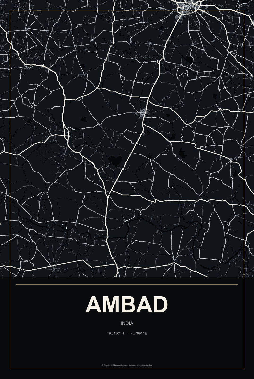 Ambad, India City Map Aluminum Sign in Metropolitan Noir style