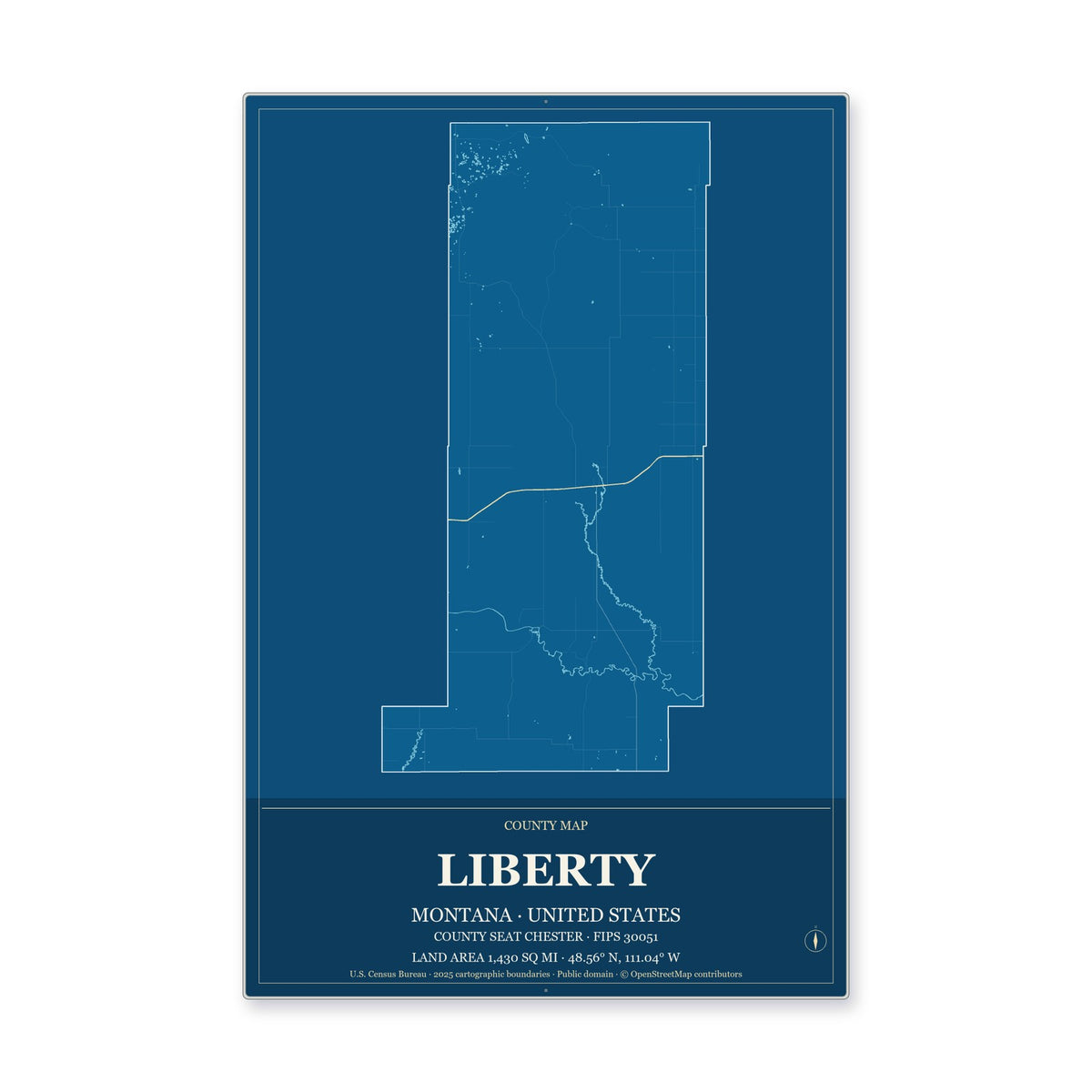 Liberty County, Montana Map Aluminum Sign in Harbor Cobalt style