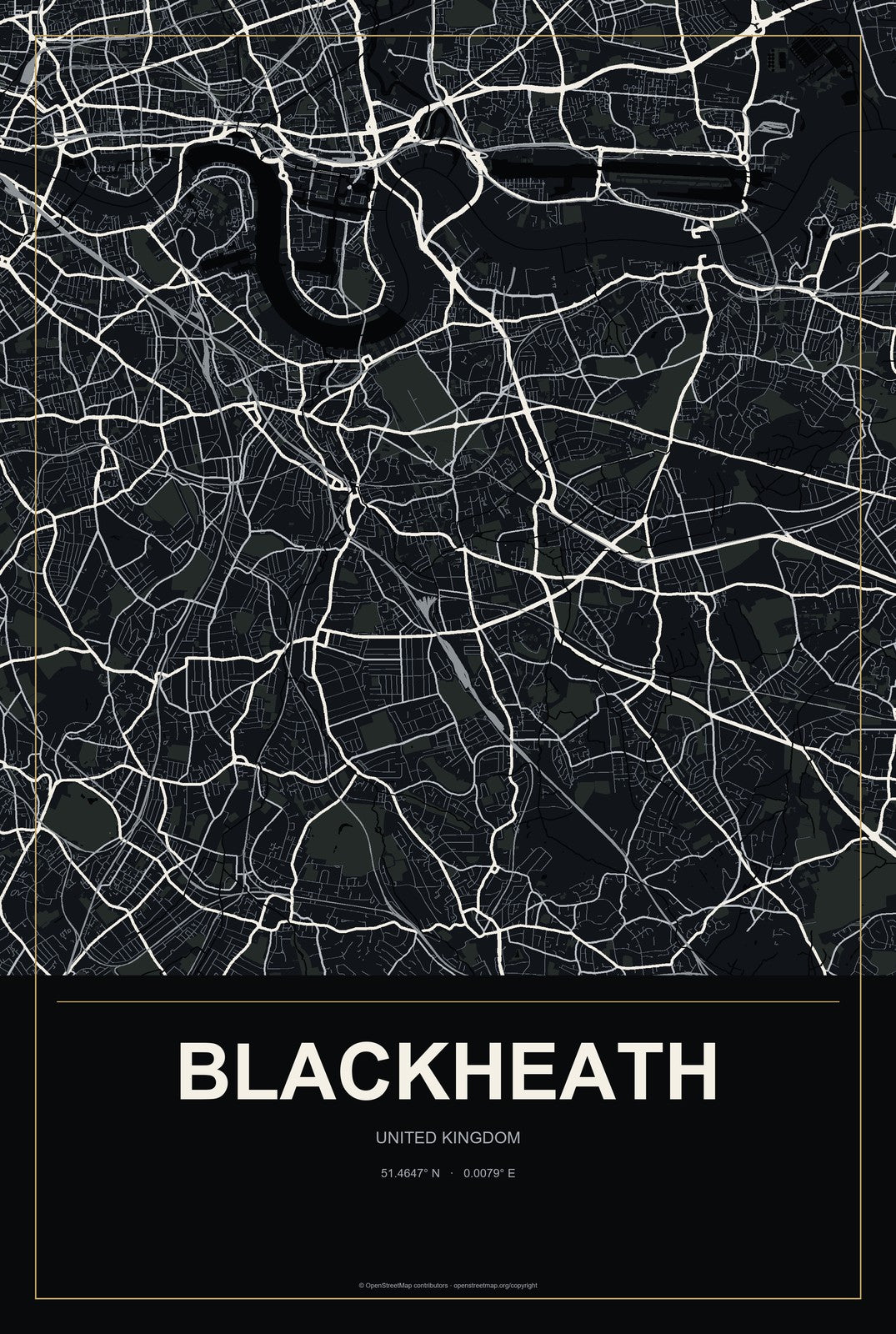 Blackheath, United Kingdom City Map Aluminum Sign in Metropolitan Noir style