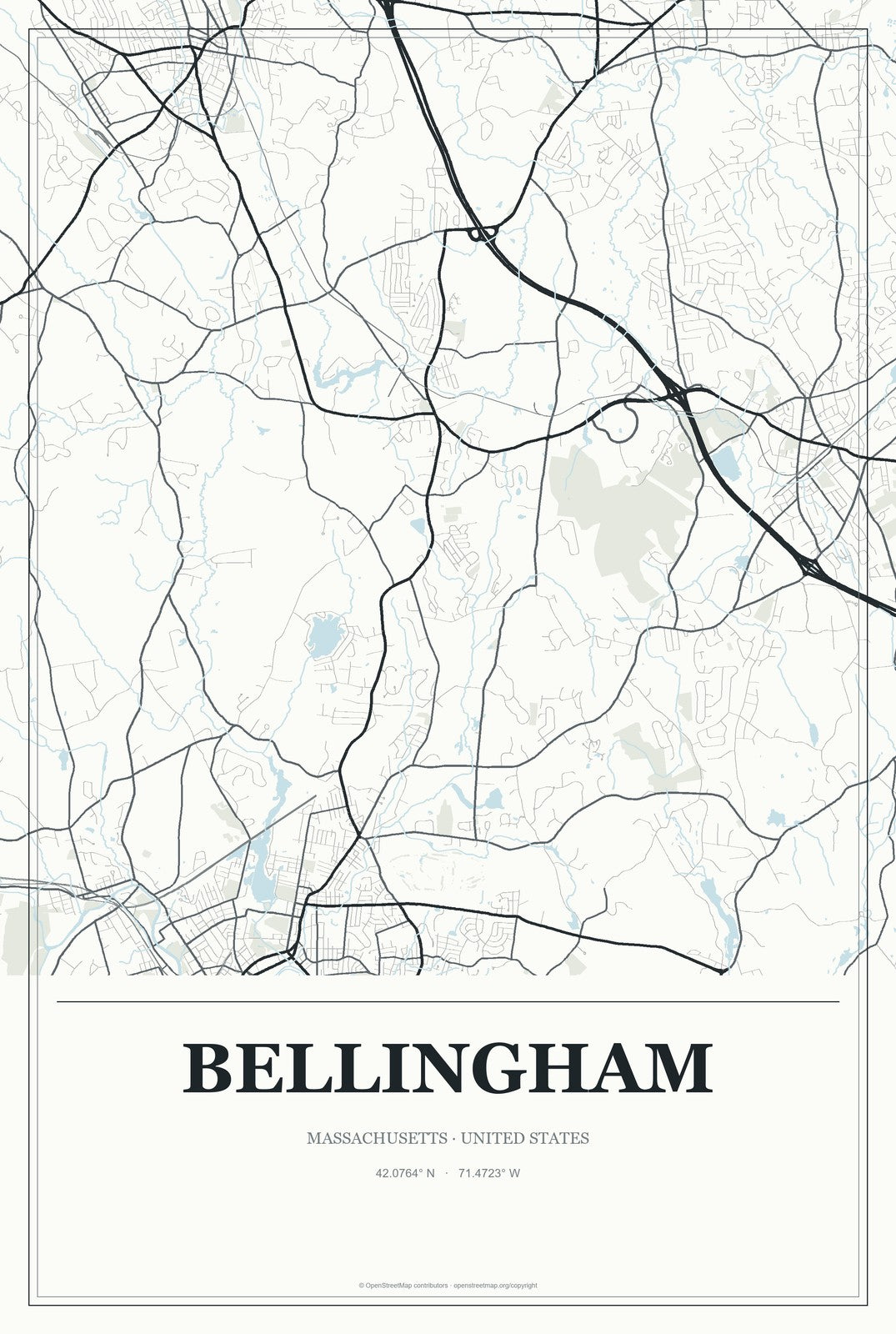 Bellingham, Massachusetts City Map Aluminum Sign in Gallery Air style