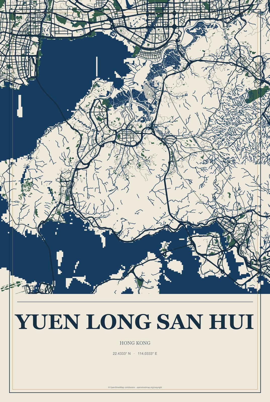 Yuen Long San Hui, Hong Kong City Map Aluminum Sign in Coastal Cutout style