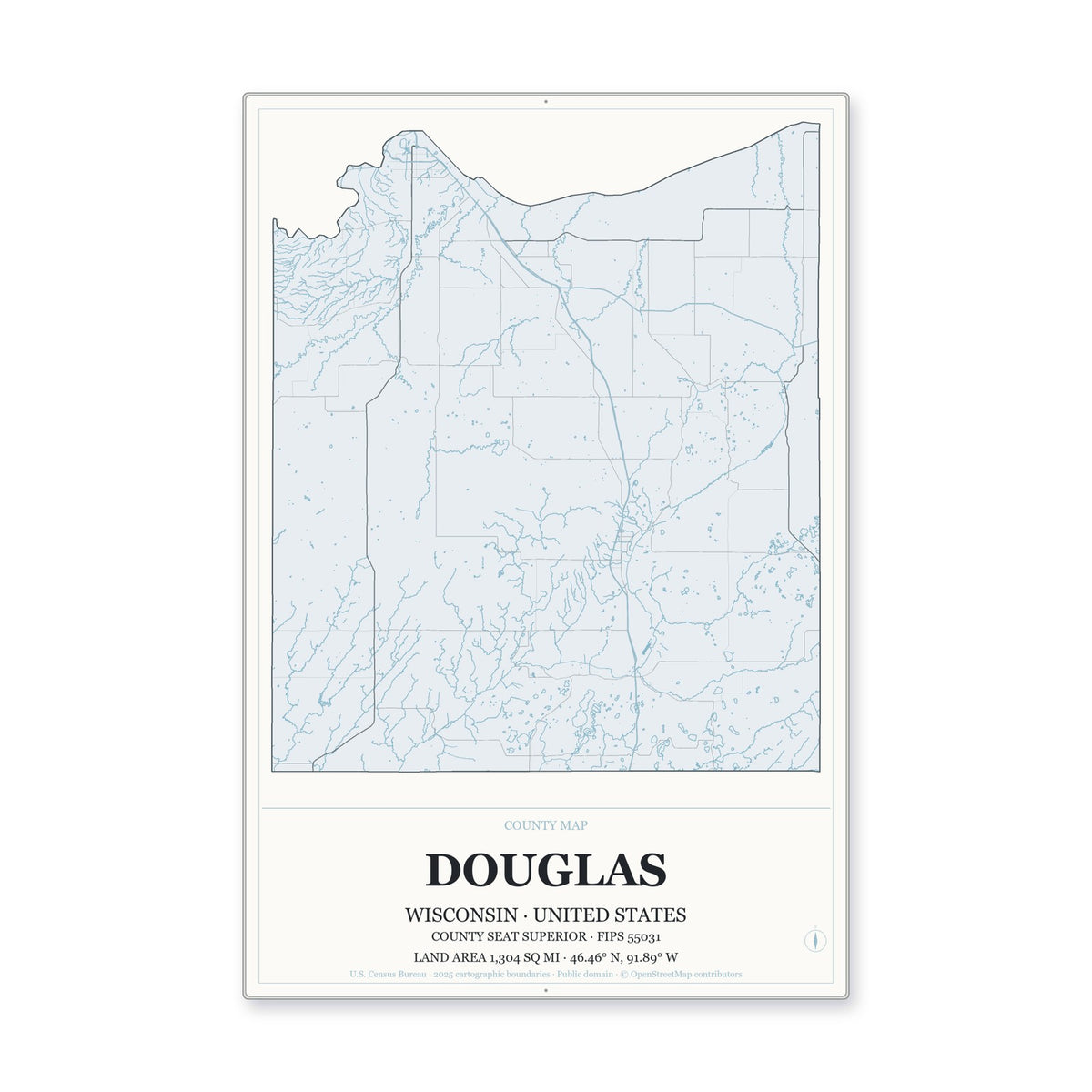 Douglas County, Wisconsin Map Aluminum Sign in Gallery Air style