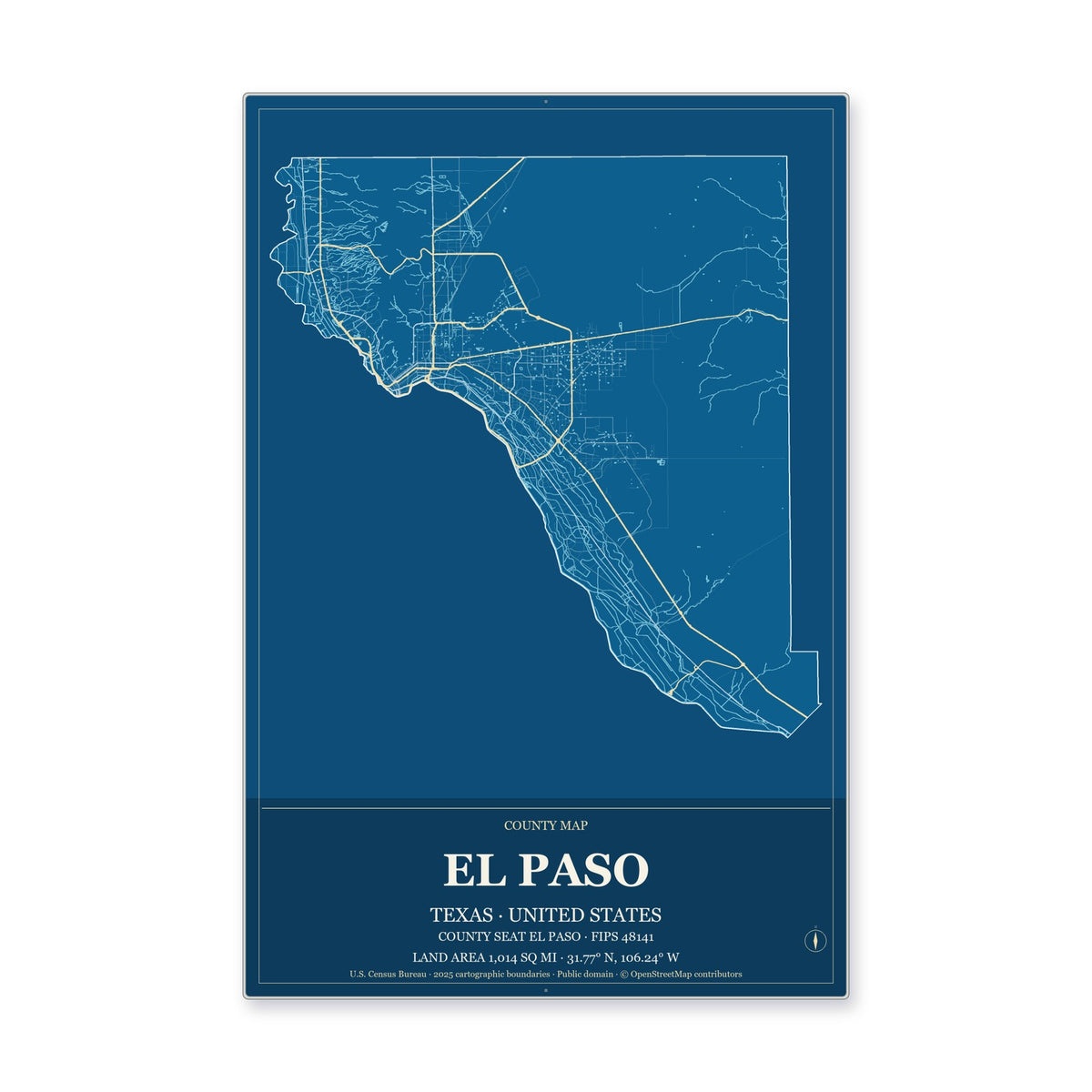 El Paso County, Texas Map Aluminum Sign in Harbor Cobalt style