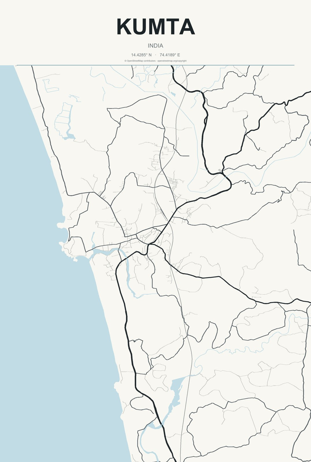 Kumta, India City Map Aluminum Sign in Headline Atlas style